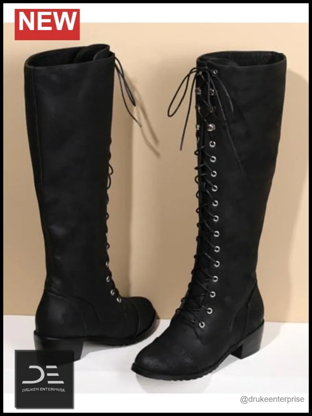Faux Leather Over The Knee Combat Boots Chunky Heel Side Zipper Lace Up